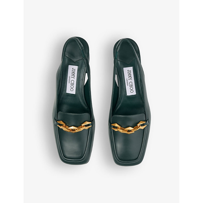 Shop Jimmy Choo Women's Dark Green Diamond Tilda Chain-embellished Leather Heeled Loafers In Brown