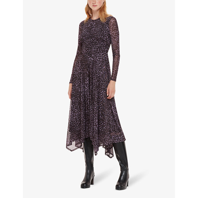 Whistles Feather Leopard Print Mesh Midi Dress In Purple/multi
