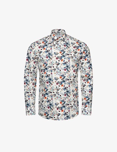 Shop Eton Men's Mid Blue Signature Floral-print Regular-fit Cotton-twill Shirt