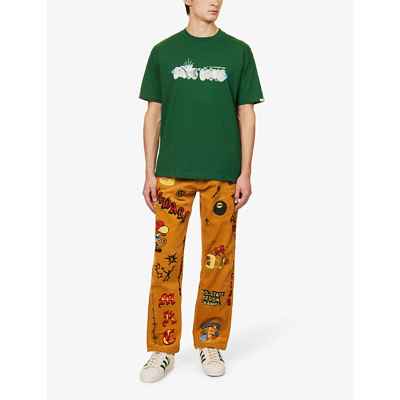 Shop Aape Men's Dark Green Graphic-print Crewneck Regular-fit Cotton-jersey T-shirt