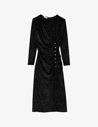 Shop Sandro Women's Noir / Gris Rhinestone-embellished Cut-out Stretch-velvet Midi Dress In Black