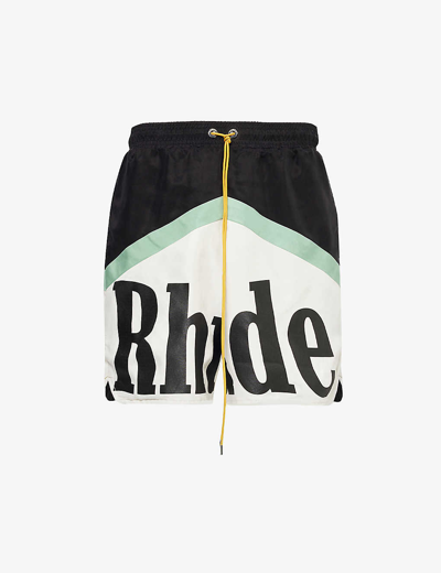 Shop Rhude Men's Black Green Creme Awakening Contrast-panel Woven Shorts