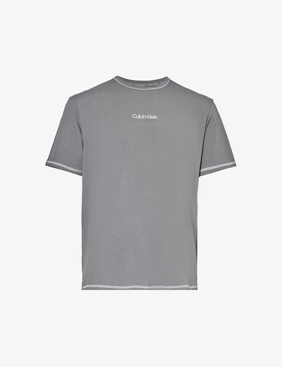Shop Calvin Klein Men's Charcoal Grey Crewneck Ribbed-trim Recycled Cotton-blend T-shirt