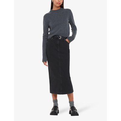 Shop Whistles Women's Barely Black Faded-wash High-waist Denim Midi Skirt
