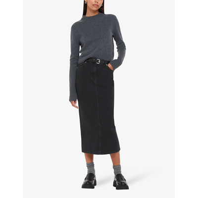 Whistles Womens Barely Black Faded-wash High-waist Denim Midi Skirt In Barely Black