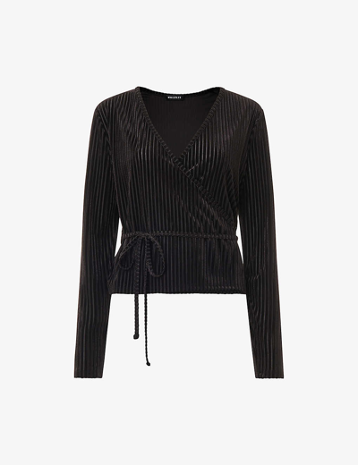 Shop Whistles Striped Wrap-front Stretch-velvet Top In Black