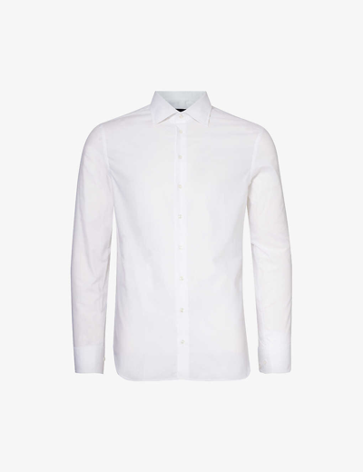 Shop Giorgio Armani Cutaway-collar Curved-hem Regular-fit Cotton Shirt In Brillant White
