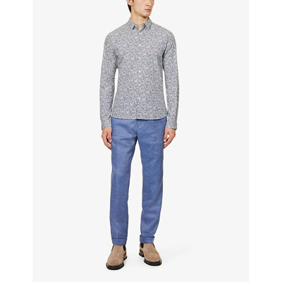 Shop Ikks Men's Marine Floral-print Slim-fit Cotton Shirt In Blue