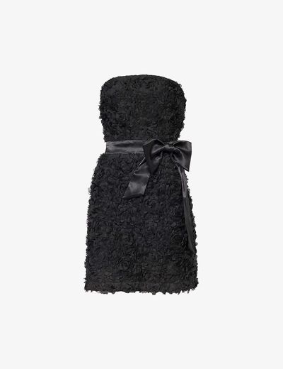 Shop Amy Lynn Floral-appliqué Bow-embellished Woven Mini Dress In Black