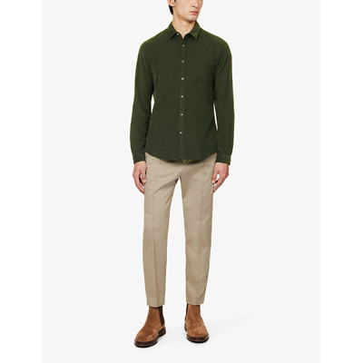 Shop Ikks Men's Kaki Patch-pocket Velvet-texture Regular-fit Cotton Shirt In Green