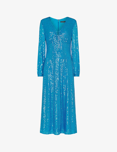Shop Whistles Sequin-embellished Keyhole-detail Stretch-recycled Polyester Midi Dress In Blue