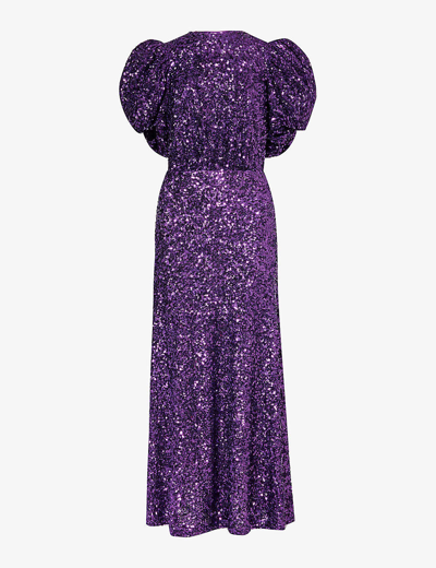 Shop Rotate Birger Christensen Puffed-sleeve Open-back Sequin Embellished Recycled-polyester Midi Dress In Purple Magic