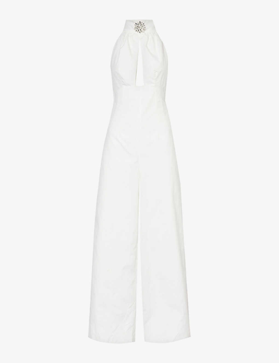 Shop Amy Lynn Women's White Crystal-embellished High-neck Cotton Jumpsuit