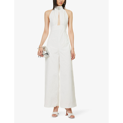 Shop Amy Lynn Women's White Crystal-embellished High-neck Cotton Jumpsuit