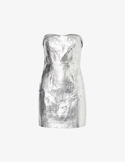 Shop Rotate Birger Christensen Women's Silver Croc-embossed Metallic Faux-leather Mini Dress