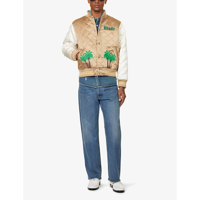 Shop Rhude Men's White Tan St Barts Brand-embroidered Boxy-fit Satin Jacket