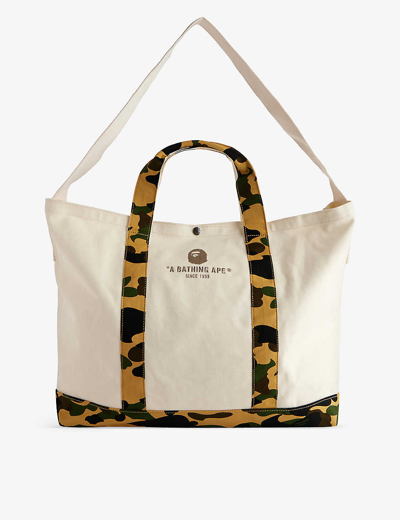 Shop A Bathing Ape Yellow Logo-embroidered Camo-trim Cotton Tote Bag