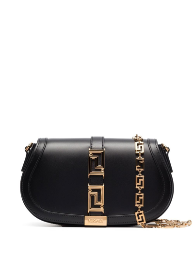 Shop Versace Greca Goddess Leather Shoulder Bag In Black  