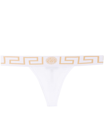 Shop Versace Thong With Greek Edge In White