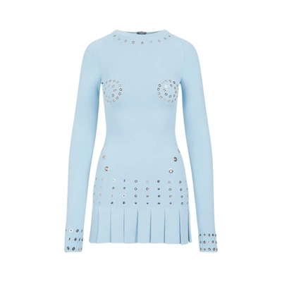 Shop Off-white Eyelets Pleated Mini Dress In Blue