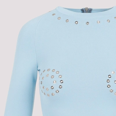 Off-white Pleated Mini Dress With Eyelets Detailing In Blue