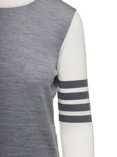 Shop Thom Browne Fun Mix Relaxed Fit Crew Neck Pullover In Fine Merino Wool W/ 4 Bar Stripe In Grey