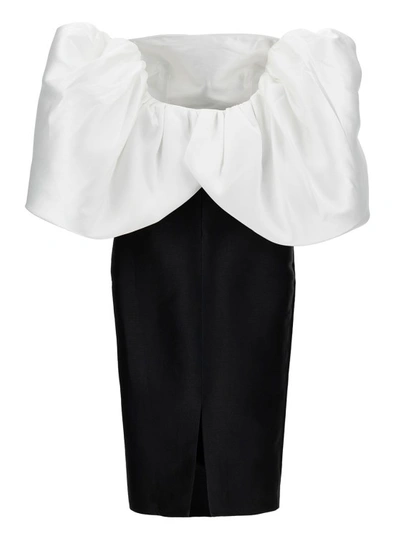 Shop Solace London Midi Black And White Color-block Off-shoulder Dress In Satin