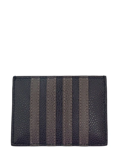 Shop Thom Browne Single Card Holder W/ 4 Bar Applique Stripe In Pebble Grain Leather In Black