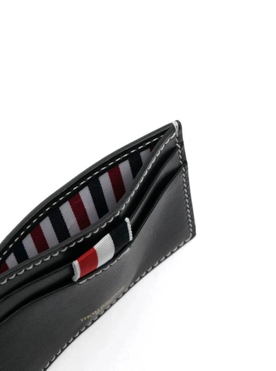 Shop Thom Browne Blue Card-holder With Tricolor Detail And Embossed Logo In Smooth Leather In Black