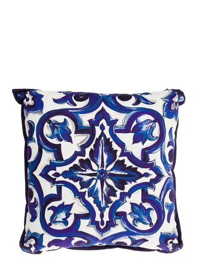 Shop Dolce & Gabbana Blue And White Small Cushion With Blue Mediterranean Print In Cotton In Not Applicable