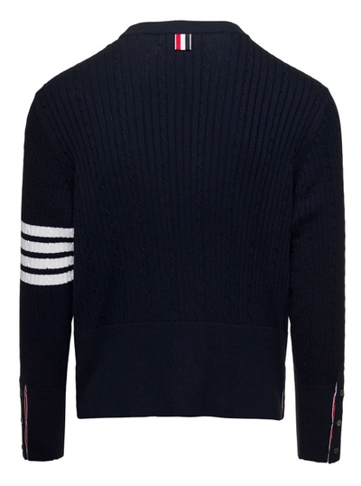 Shop Thom Browne Cable-knit Jumper With Signature 4 Bar Detailing In Blue Cotton In Black