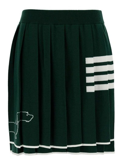 Shop Thom Browne Green Pleated Mini-skirt With Dachshund Print And 4 Bar Detail In Wool In Black