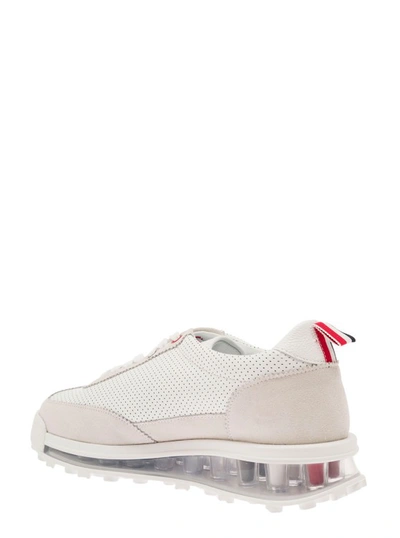 Shop Thom Browne Low Top Tech Sneakers In White Leather In Grey