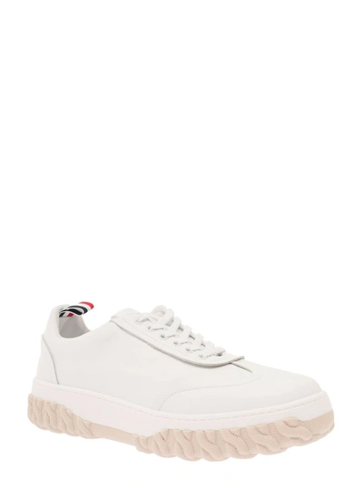Shop Thom Browne Field' White Low Top Sneakers With Cable Knit Sole And Tricolor Detail In Leather In Neutrals