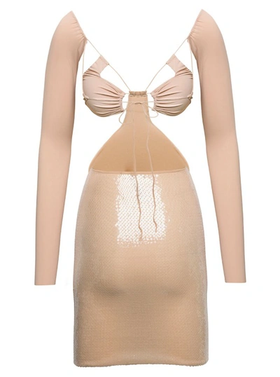 Shop Amazuìn Vera' Beige Mini Long-sleeve Dress With Tonal Paillettes In Stretch Polyamiide In Neutrals