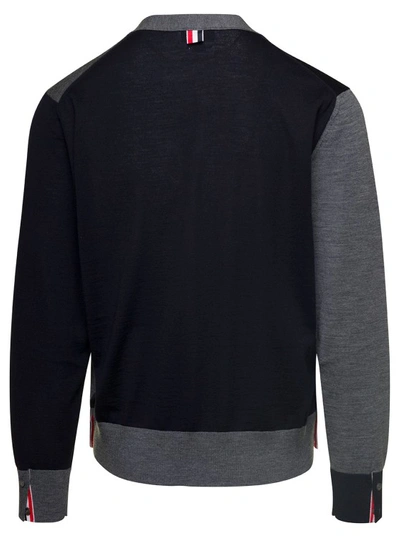 Shop Thom Browne Fun Mix Jersey Stitch Relaxed Fit V Neck Cardigan In Fine Merino Wool W/ Rwb Stripe In Black