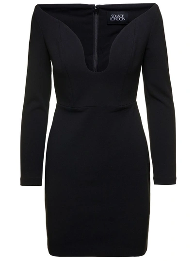 Shop Solace London Black ' Uma' Mini Dress With Long Sleeves And U-neck In Polyester