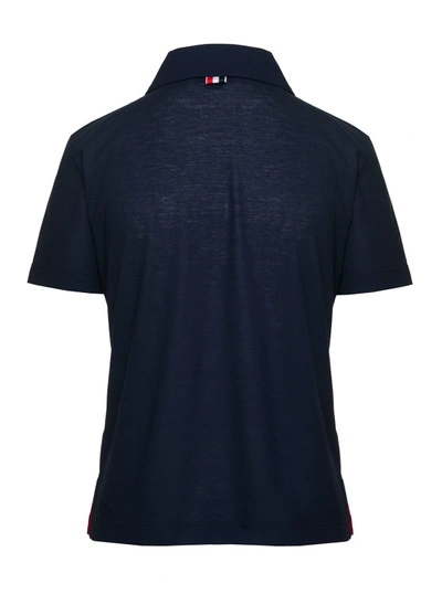 Shop Thom Browne Blue Polo Shirt With Peter-pan Collar And Logo Patch In Cotton In Black