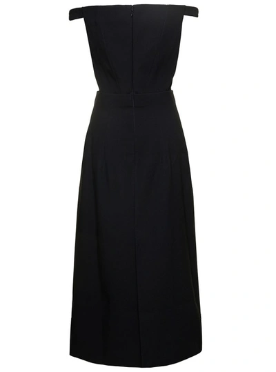 Shop Solace London Black Midi Dress With Flared Skirt And Asymmetric Vent In Polyester