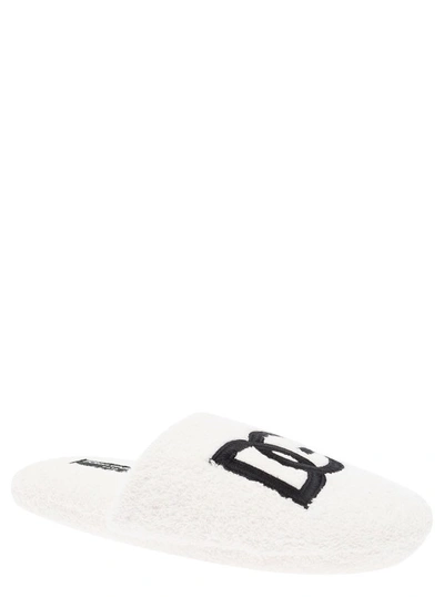 Shop Dolce & Gabbana Embroidered Terry Cotton Slippers In White
