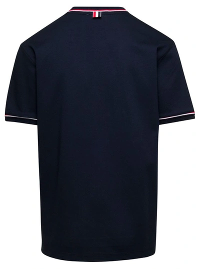Shop Thom Browne Blue Crewneck T-shirt With Striped Trim In Cotton In Black