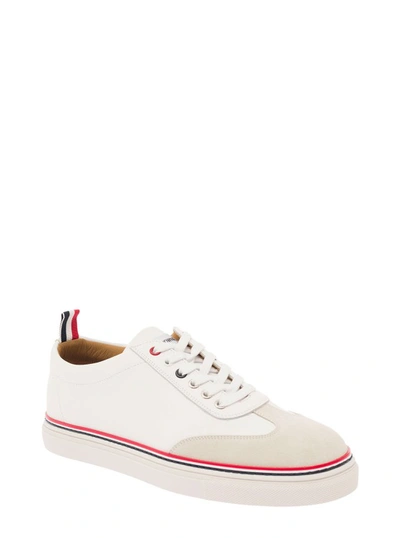 Shop Thom Browne White Low Top Sneakers With Suede And Tricolor Detail In Leather In Neutrals
