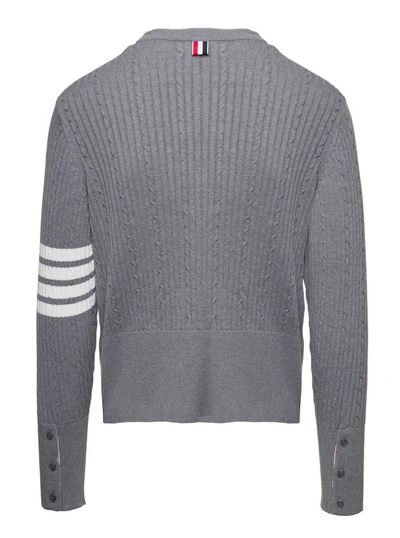 Shop Thom Browne Cable-knit Jumper With Signature 4 Bar Detailing In Grey Cotton