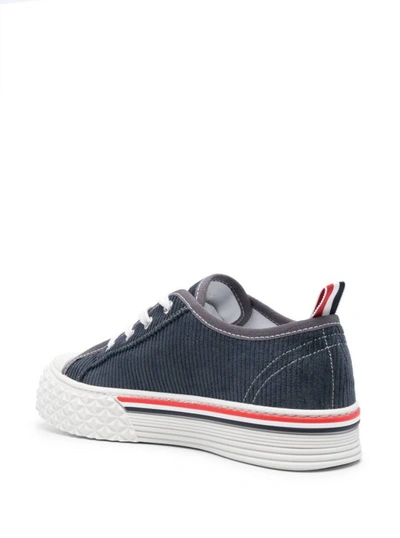 Shop Thom Browne Blue Low Top Sneakers With Tricolor Detail In Corduroy In White