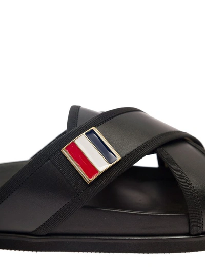 Shop Thom Browne Criss Cross Strap Sandals With Logo In Black Leather