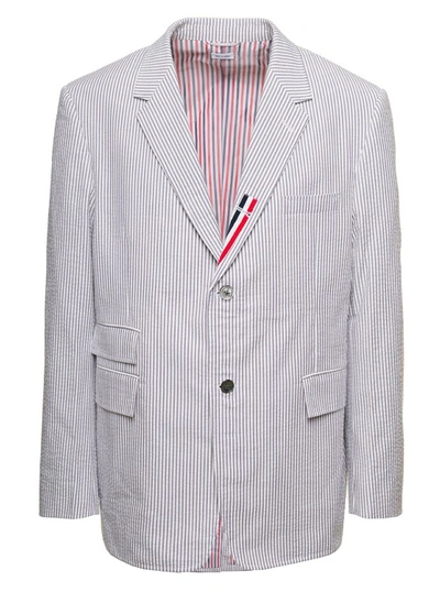 Shop Thom Browne Grey Striped Single Breasted Blazer In Cotton In White