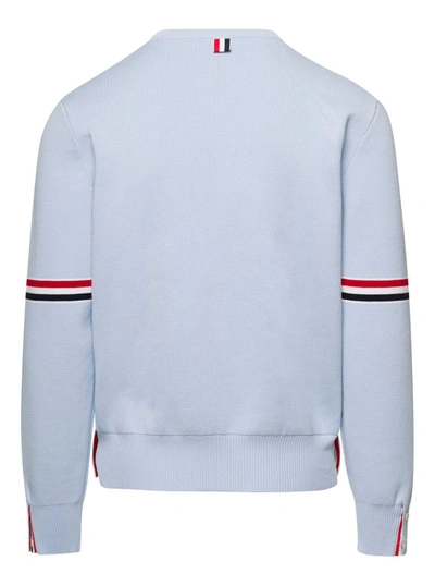 Shop Thom Browne Light Blue Crewneck Sweater With Tricolor Band Detail On Sleeves In Cotton In White