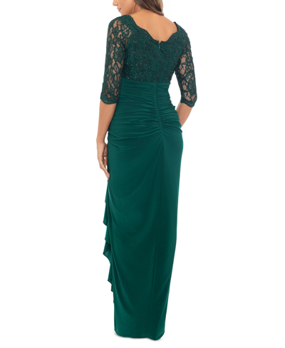 Shop Betsy & Adam Women's Lace-top 3/4-sleeve Ruffled Gown In Pine