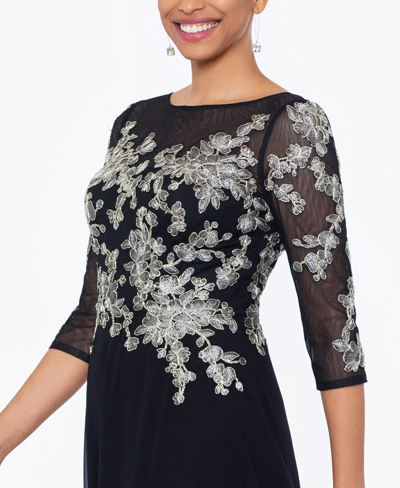 Shop Betsy & Adam Women's Floral-embroidered 3/4-sleeve Gown In Black,gold