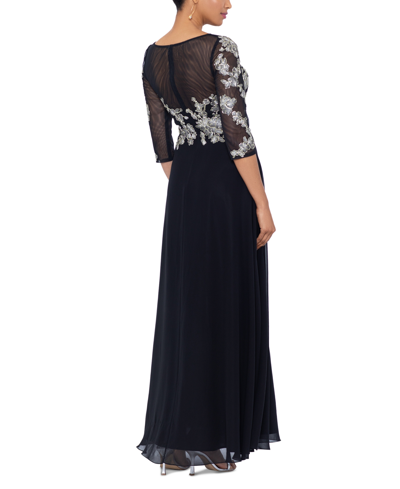 Shop Betsy & Adam Women's Floral-embroidered 3/4-sleeve Gown In Black,gold